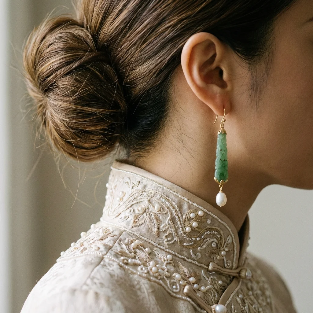 Detalle de peinado recogido moño con cuello mao